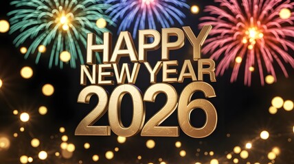 Golden happy new year 2026 text with vibrant fireworks celebration
