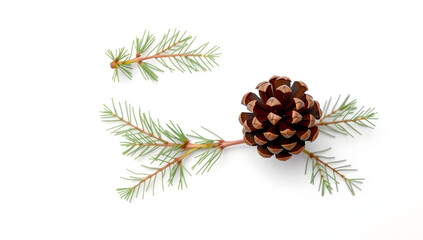 Fototapeta premium Close-up of a natural brown pine cone resting on green evergreen branches, perfectly isolated on a crisp white background, symbolizing the beauty of winter and essential forest elements