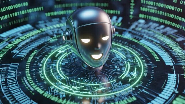 Futuristic robot head with glowing eyes and mouth surrounded by digital binary code and circuit board patterns, symbolizing artificial intelligence and advanced technology innovation high tech