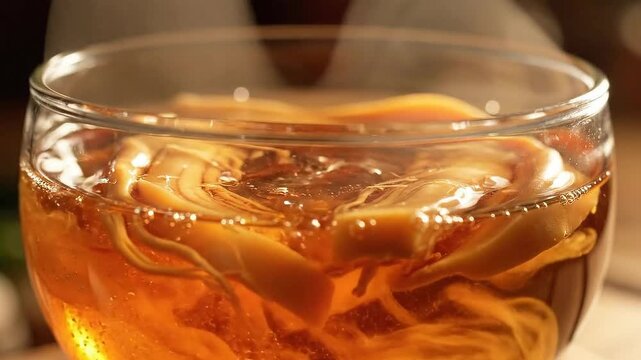 Steaming Amber Kombucha SCOBY Culture Brewed with Organic Tea Infusion in a Clear Glass Vessel with Soft Warm Lighting