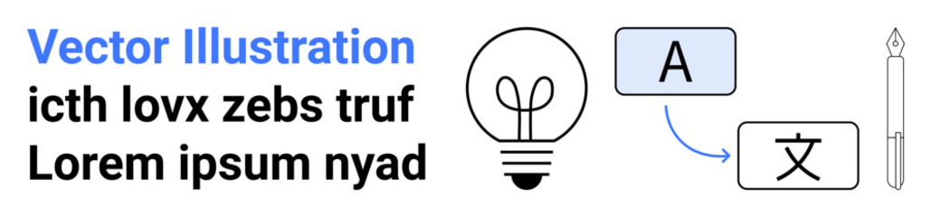 Language learning, translation tools, communication, global interaction, creativity, educational tools. Light bulb, text conversion boxes and pen symbol. Language learning and translation tools