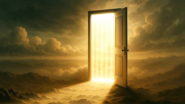 A mysterious wooden door opens into a blinding golden light, set dramatically above a cloud-covered landscape at sunset, symbolizing opportunity, hope, freedom, and the unknown afterlife.
