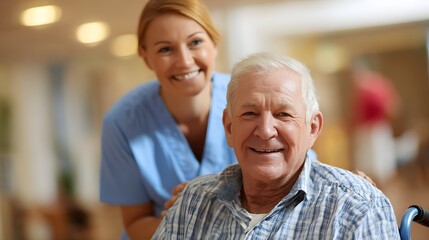 Cheerful elderly man seated with a supportive caregiver standing behind him indoors