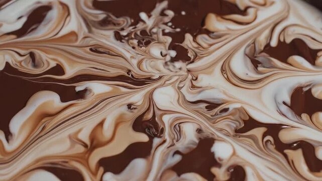 Swirling liquid chocolate and cream forming abstract patterns close up extreme detail macro shot luscious decadent dessert ingredient swirling motion