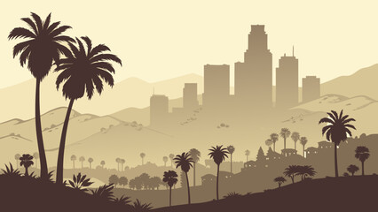 Los angeles cityscape in sepia tones with mountains and palm trees, ideal for travel blogs, urban posters, and retroinspired designs.