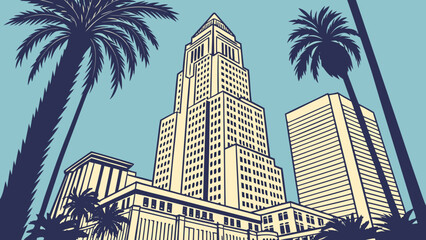 Los angeles skyline art deco with tall buildings and palm trees against blue suitable for travel, architecture, cityscape, and californiathemed design projects.
