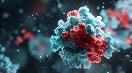 Three dimensional rendering depicts a microscopic structure with intricate surface details against a dark, blurry background