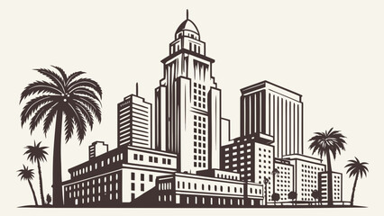 Los angeles skyline with palmlined cityscape, a sunny scene reminiscent of californias coast, perfect for travel brochures or website banners.
