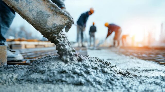 A close up view captures concrete pouring onto a reinforced surface, highlighting the dynamic process of modern construction. Workers collaborate efficiently in the early morning light