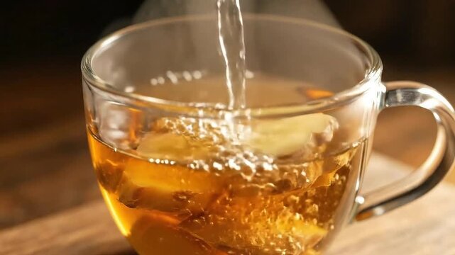 Warm And Inviting Hot Ginger Tea Infusion In A Clear Glass Mug With Fresh Sliced Ginger Root Close Up In Natural Sunlight