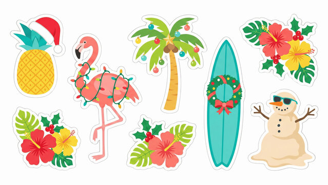 Tropical Christmas sticker set featuring flamingo, palm tree, pineapple, surfboard, and sandman illustrations for summer holiday decoration