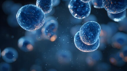 Fototapeta premium Three dimensional rendering depicts microscopic biological spheres floating in a dark environment