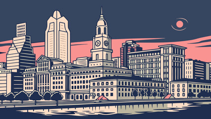 Philadelphia skyline reflects in water, showcasing cityscapes, buildings, and trees. Suitable for urban websites, travel brochures, or citythemed designs.