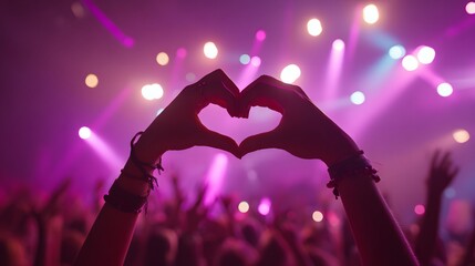 Silhouette of hands forming a heart shape against vibrant stage lighting at a music event