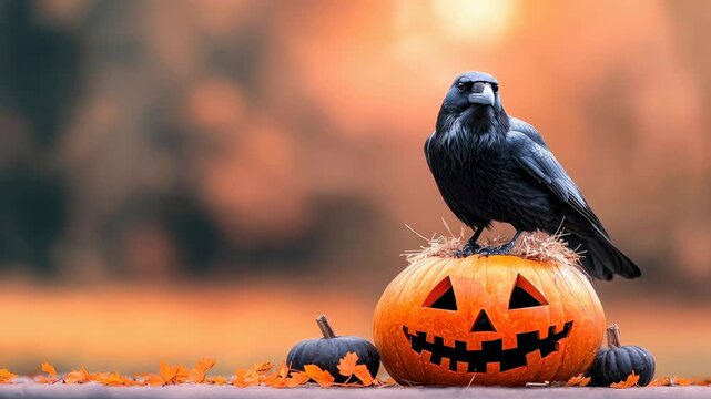 Halloween pumpkin carved jack o lantern black raven autumn leaves orange background spooky mood harvest season straw detail rustic decor fall scene