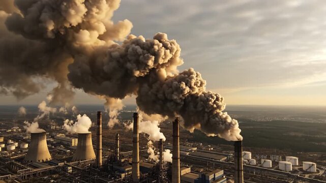 Industrial factory and power plant chimneys emitting thick dark smoke during sunset, illustrating severe pollution and environmental hazards from manufacturing processes in industrial settings