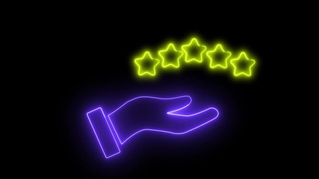 Neon light effect animation of an icon of a hand holding five stars