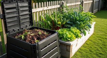 Close up view of a full compost bin adjacent to a bountiful raised garden bed overflowing with lush green vegetables and leafy produce