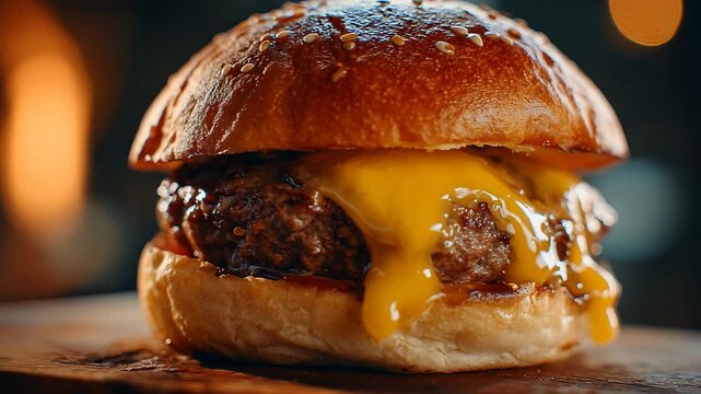 Juicy burger rotating on a dark background
