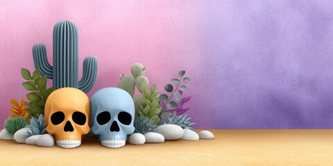 Minimalist background decorated with skulls and cacti
