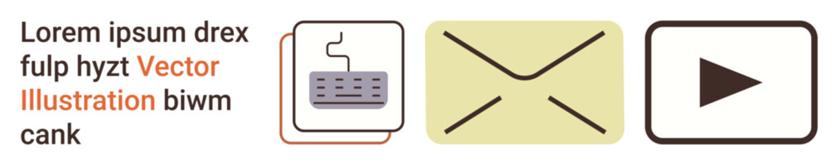Digital communication, messaging, multimedia sharing, online services, content creation, mail systems. Keyboard, envelope and play button icons in a minimalist design. Messaging and multimedia