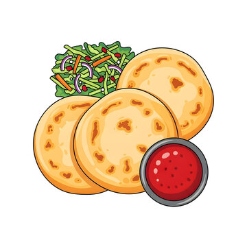 Hand drawn cartoon illustration of three pupusas served with curtido and a red sauce in a bowl. Traditional Salvadoran dish.