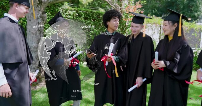 Curly grad holding phone, framing crew holding diplomas for grad selfie while globe overlay rising