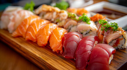 A delectable assortment of sushi on a wooden board, showcasing vibrant colors and fresh ingredients that tantalize the taste buds.