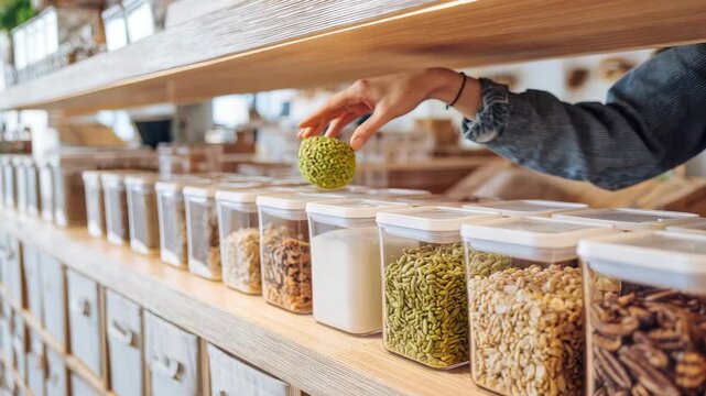 An individual arranges bulk food items in clear plastic boxes at a stylish package free grocery shop. The scene emphasizes conscious consumption and environmentally responsible habits