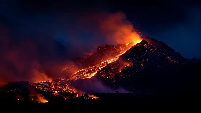 Volcanic eruption at night with flowing lava