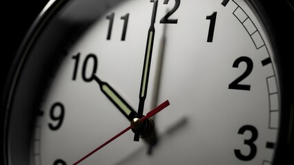 Extreme close-up of a classic analog clock face with hands moving towards 12, suggesting deadline, time management, or urgent moment