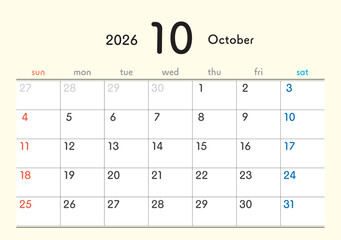 2026年カレンダー10月