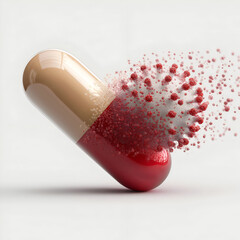 A dynamic illustration of a capsule dispersing particles, representing health and medicinal concepts in a striking visual.