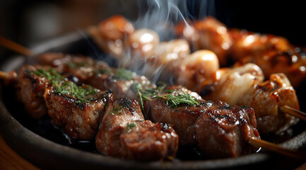 A delicious assortment of grilled skewers featuring tender meat and aromatic herbs, steaming and ready to enjoy.