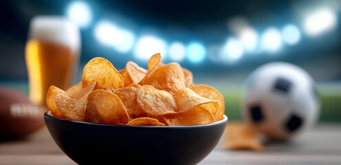 A delicious bowl of crispy chips paired with a refreshing beer, perfect for game day or casual gatherings.