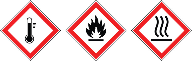 Set of hazard warning signs: fire hazard, heat material sign and high temperature safety symbol