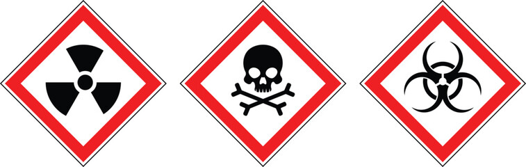 Set of hazard warning signs vector. Radioactive hazard sign, crossbones toxic hazard, biohazard safety sign