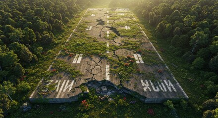 Abandoned Runway Overgrown by Nature with Cracks and Greenery.