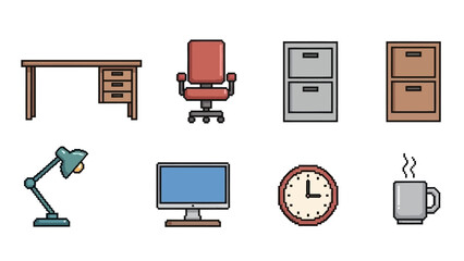 Essential office equipment and supplies collection presented as colorful flat design icons, perfect for business, workspace, and productivity-themed digital projects