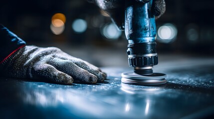 Skilled worker polishes a metallic surface using a handheld power tool in a dimly lit workshop environment