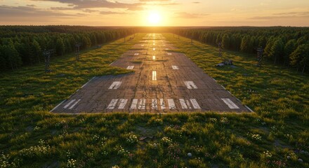 Abandoned Airstrip at Sunset - Overgrown Runway in Forest.