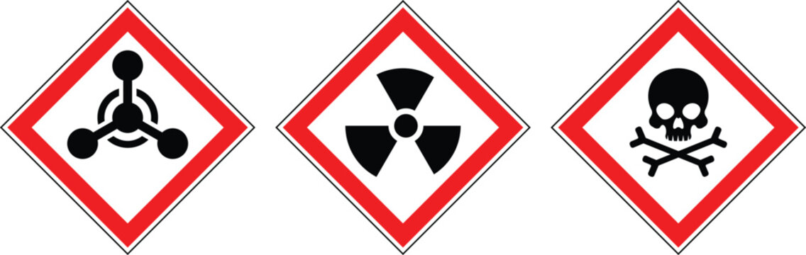 Set of hazard warning signs vector. Chemical bond hazard sign, radiation hazard, Toxic hazard sign