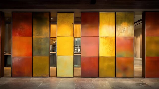 Colorful, textured panels create a modern partition wall