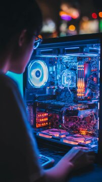 This image captures a close up of a custom built gaming computer with illuminated components and a focused individual. The setting emphasizes technology, innovation, and digital creativity