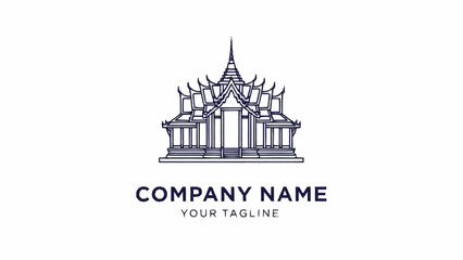 Naklejka premium A minimalist line art logo featuring a traditional Thai temple or palace building with intricate tiered roofs and columns, in dark blue on a white background.