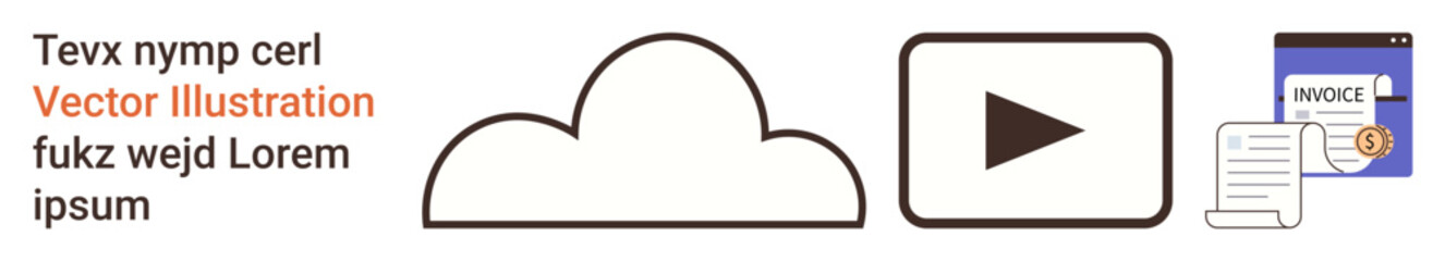 Cloud computing, online video streaming, digital invoices, paperless billing, data sharing, remote access. A cloud, play button and invoice icon. Cloud computing and video streaming concepts