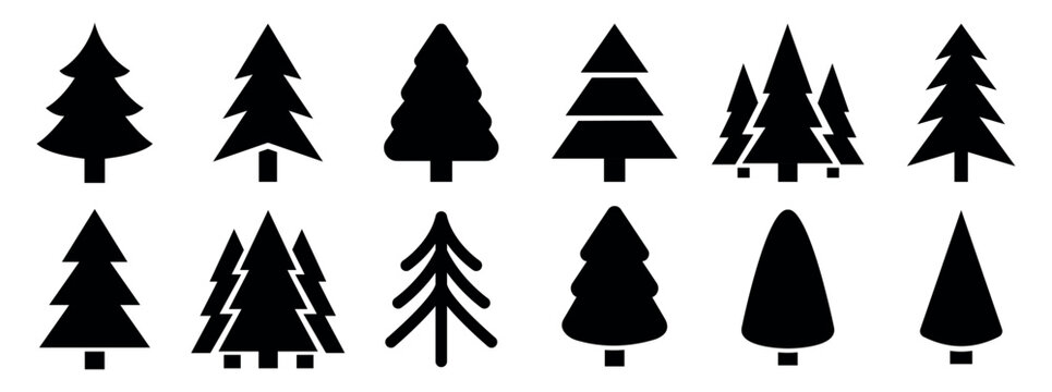 Christmas tree icons set. Winter pine and fir silhouettes in simple solid styles. Festive holiday evergreen tree collection for Christmas decorations and seasonal design - stock vector