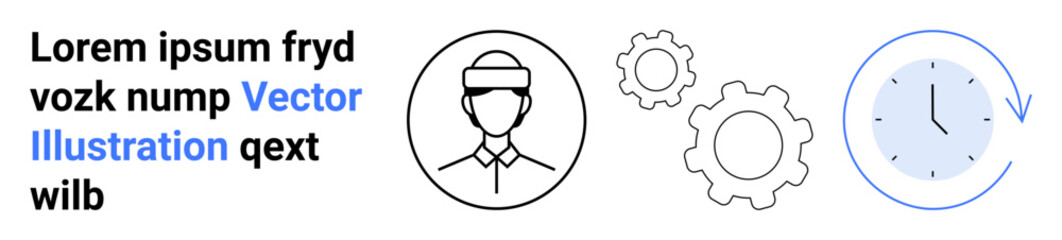Productivity, teamwork, time management, automation, scheduling, organization. Minimal design of a person profile, gears and a clock. Productivity and teamwork concept