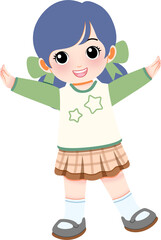 A cheerful cartoon girl with blue hair and a green shirt, wearing a plaid skirt and sneakers, stands with open arms in a playful pose. flying gesture