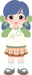 Illustration of a cute young girl with blue hair wearing a green and white shirt and plaid skirt, expressing surprise or shushing